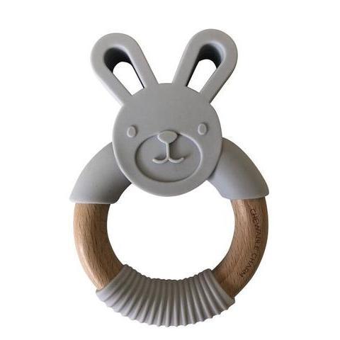 Chewable Charm Bunny Silicone + Wood Teether - Light Grey baby teether chewable charm   