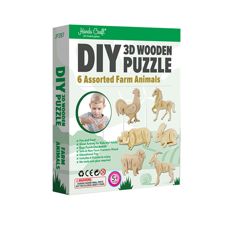 Hands Craft DIY 3D Wooden Puzzle 6 ct, Farm Animals-JP2B7 kids crafts Hands Craft   