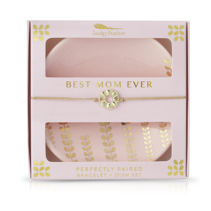 Lucky Feather Bracelet + Dish Set - Best Mom Ever - Round dish/Card Box Gifts Lucky Feather   