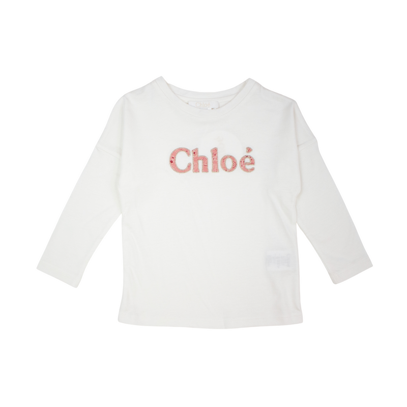 Chloé Kids Girls White Logo Print Long Sleeve T-Shirt kids long sleeve t shirts Chloé Kids   