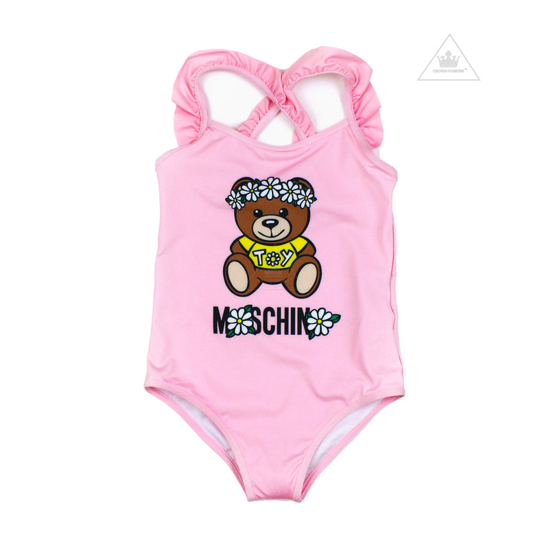 Moschino Kids Teddy Bear Swimsuit With Ruffle Cross Back Pink