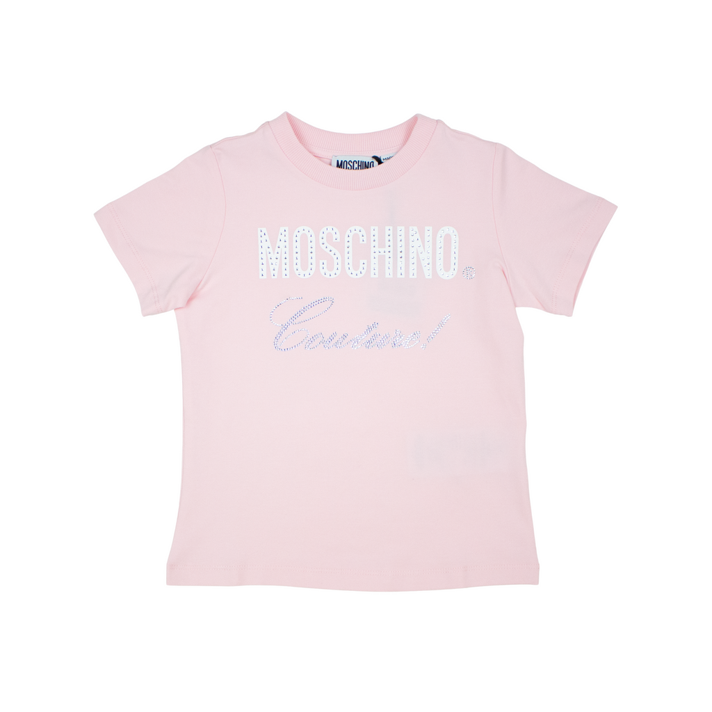 Moschino Kids Logo Rhinestones T Shirt Pink