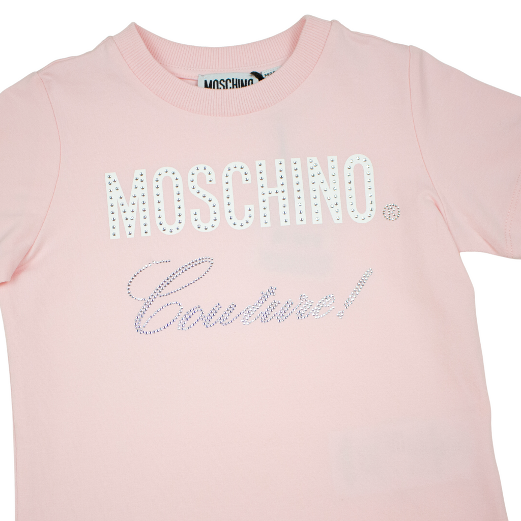 Moschino Kids Logo Rhinestones T Shirt Pink