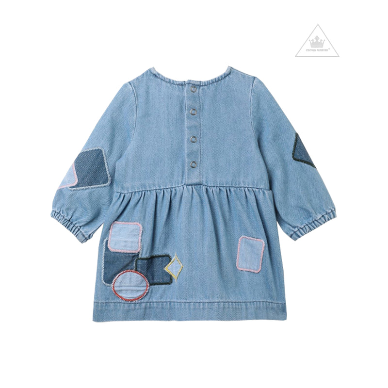 Stella McCartney Kids Baby Girl Long Sleeve Denim Dress With Patches Blue baby dresses Stella McCarney Kids   