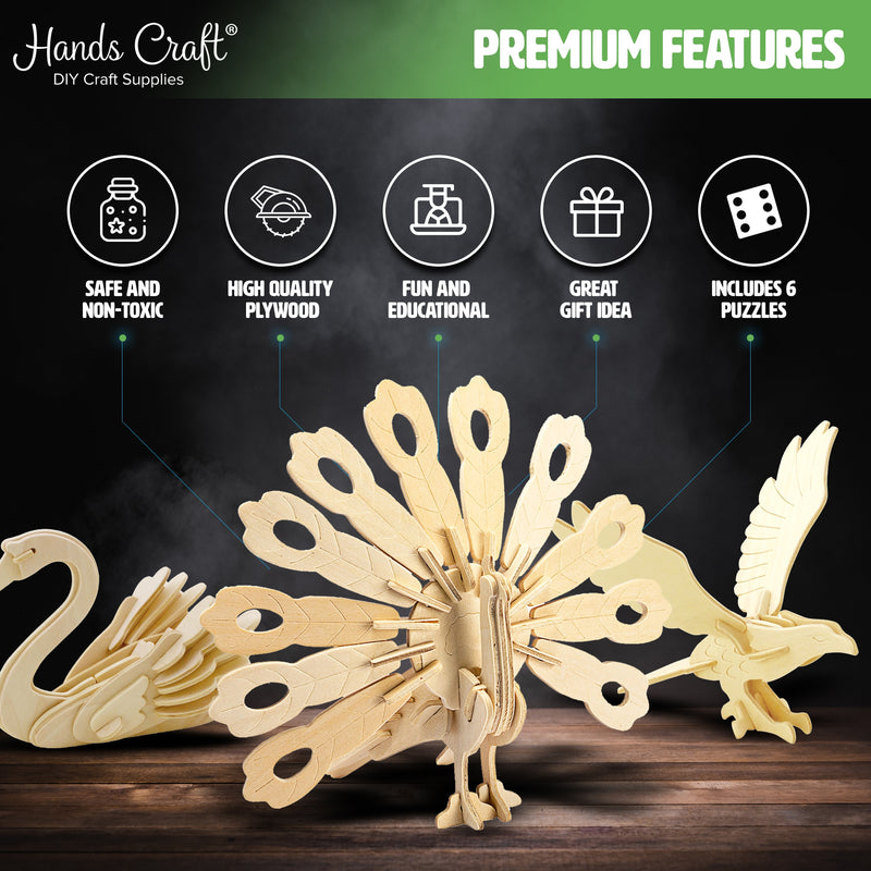 Hands Craft DIY 3D Wooden Puzzle – 6 Assorted Bird Animals Bundle Pack Set  Brain Teaser Puzzles Educational STEM Toy Adults and Kids to Build Safe and