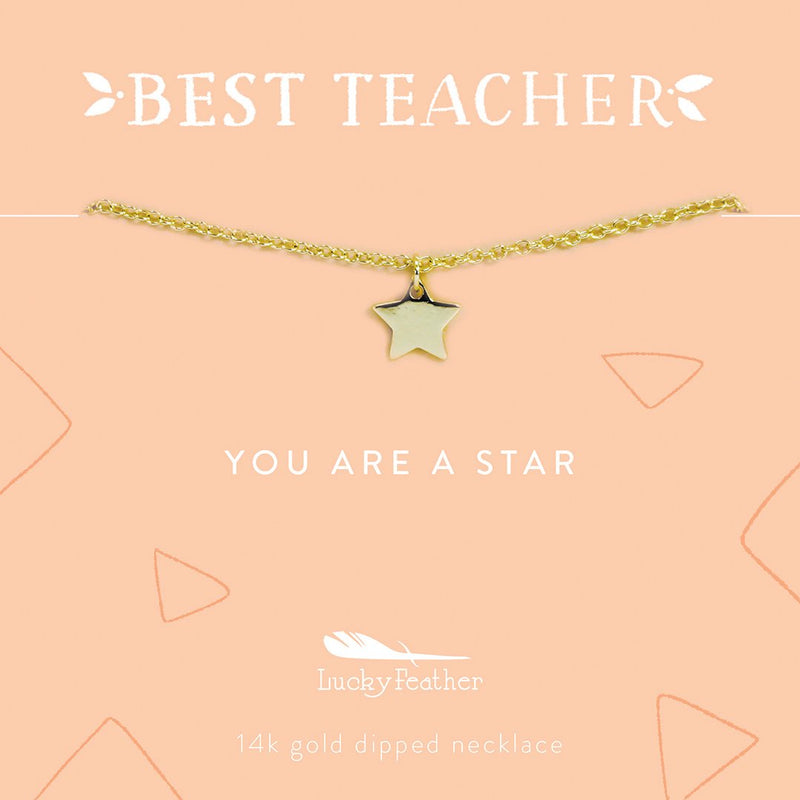 Lucky Feather Teacher Necklace - You are a Star Teacher - Gold - Star
