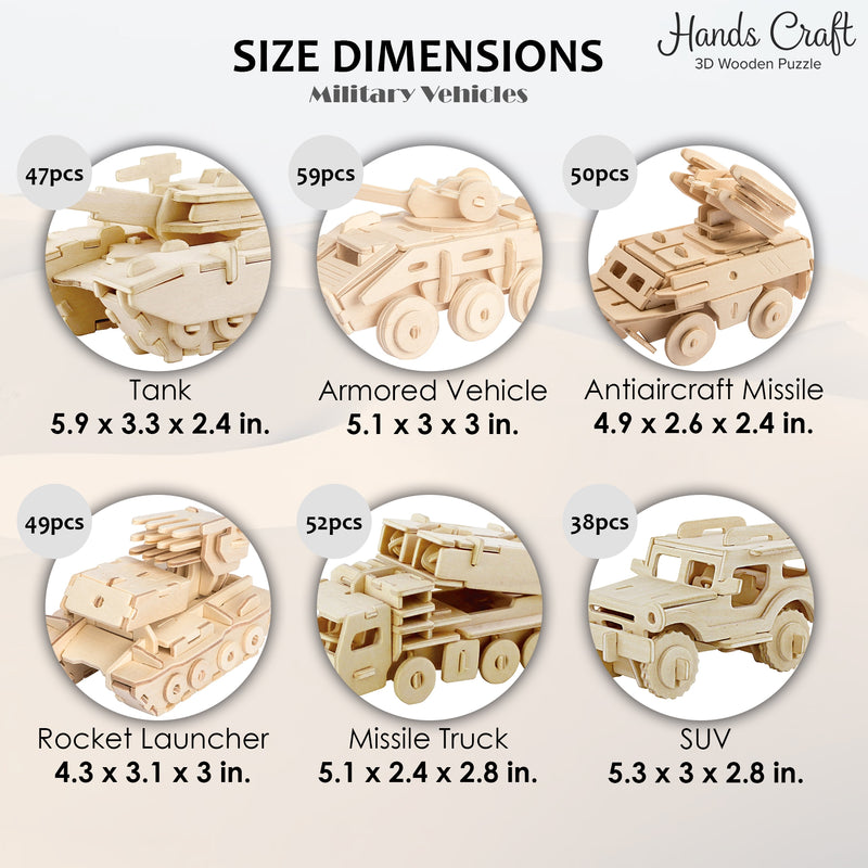 Hands Craft DIY 3D Wooden Puzzle 6 ct, Military Vehicles-JP2B6Hands Craft DIY 3D Wooden Puzzle 6 ct, Military Vehicles-JP2B6