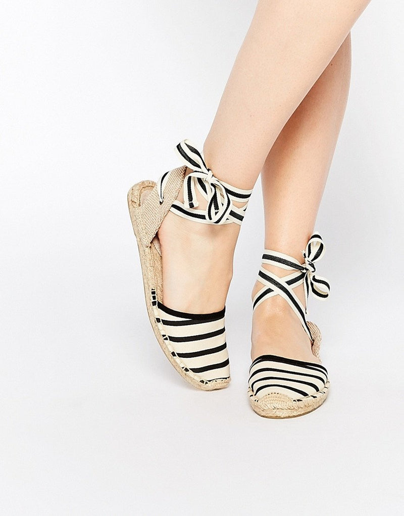 Saludos Classic Stripe Natural Tie Up Espadrille Flat Sandals - Crown Forever